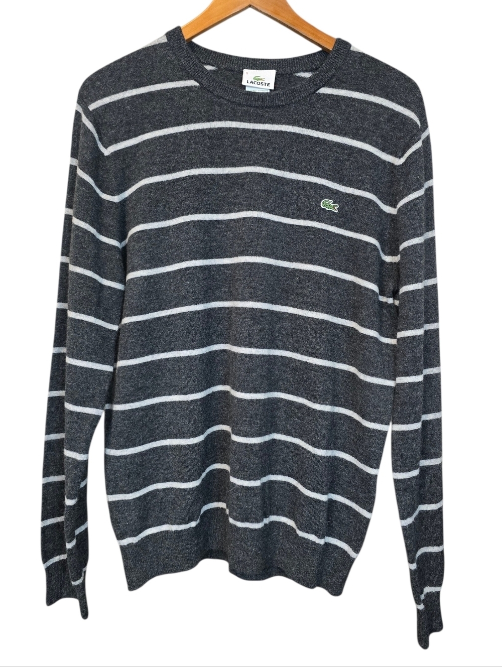 Lacoste Wool Gray Striped Crewneck Sweater Classic Logo Mens Size 5 - Large